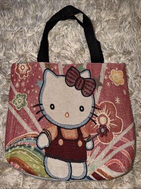 Hello Kitty Pink and Cream Floral Canvas Tote with Black Straps